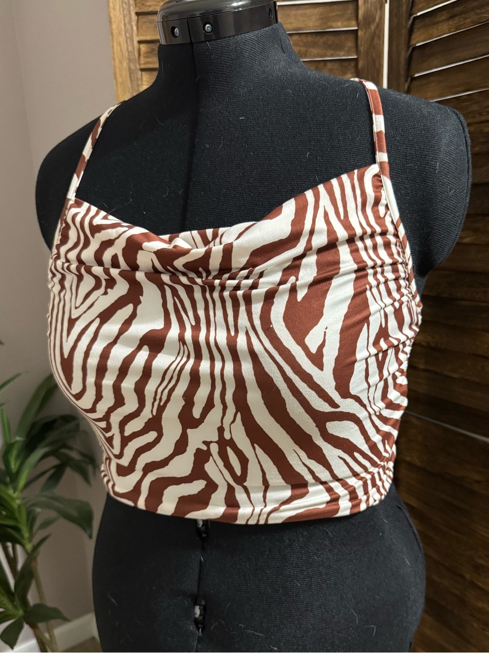 SHEIN Brown & Cream Zebra Print Cowl Neck Crop Camisole